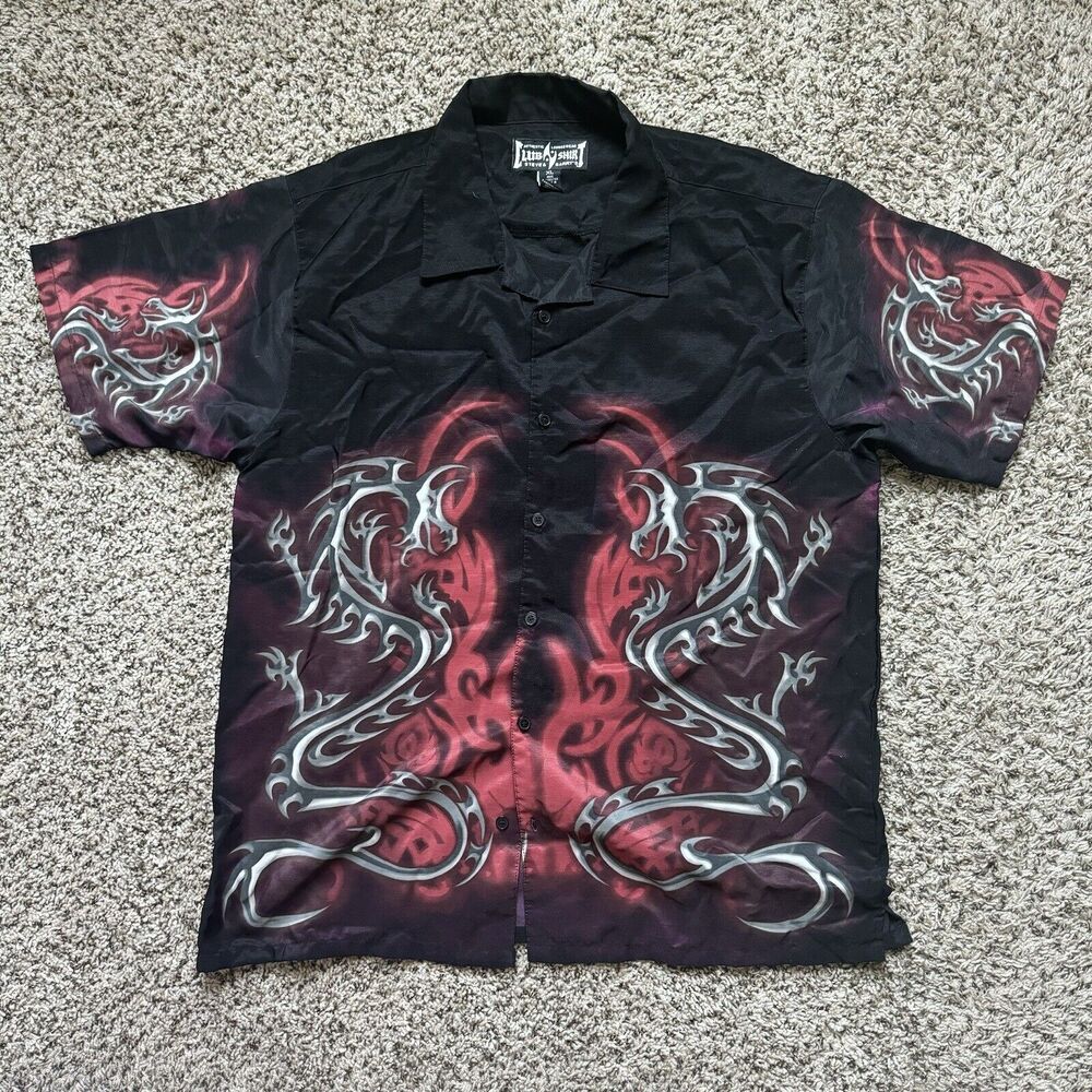 Steve and Barrys Club Shirt Vintage Dragon Print Button Up Short Sleeve Mens XL